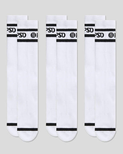 3 Pack - Logo Stripe Crew - White - Crew Sock