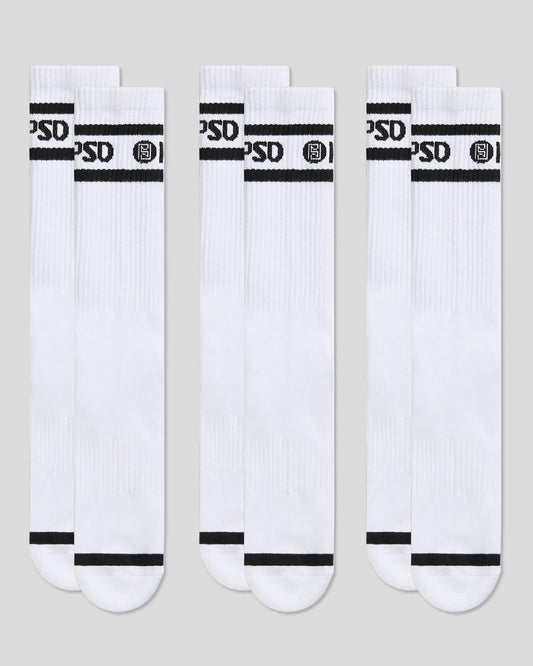 3 Pack - Logo Stripe Crew - White - Crew Sock